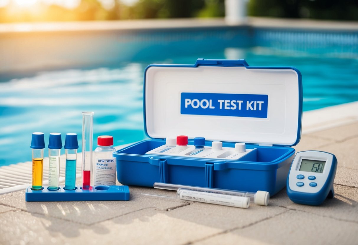 A pool test kit sits open on the pool deck, with various testing vials and chemical reagents laid out next to it. A thermometer and pH meter are also nearby