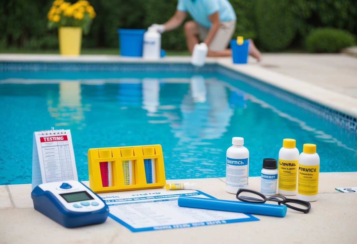 A pool with clear blue water, surrounded by testing kits, chemical bottles, and a chart of recommended chemical levels. A person in the background is adding chemicals to the water