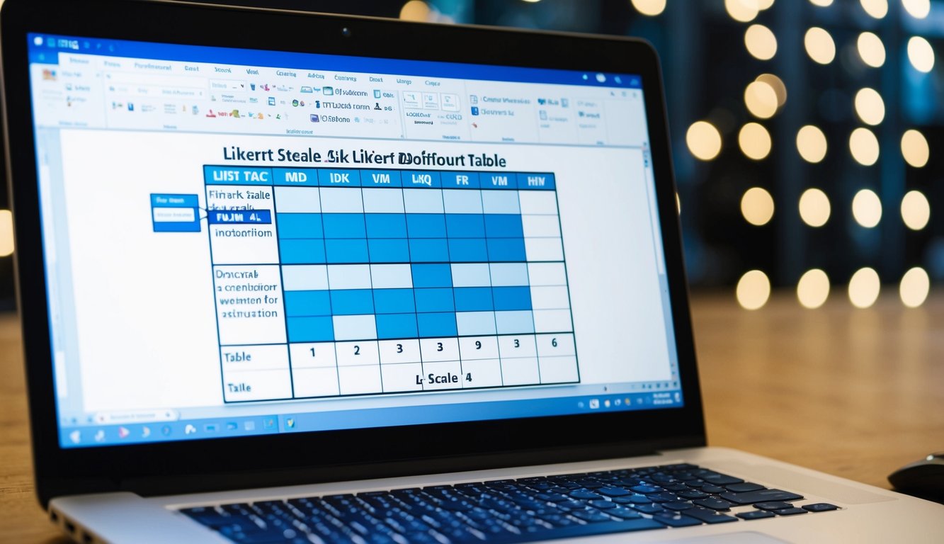 A computer screen with a Word document open, displaying a Likert scale table with labeled rows and columns. A mouse cursor hovers over the table