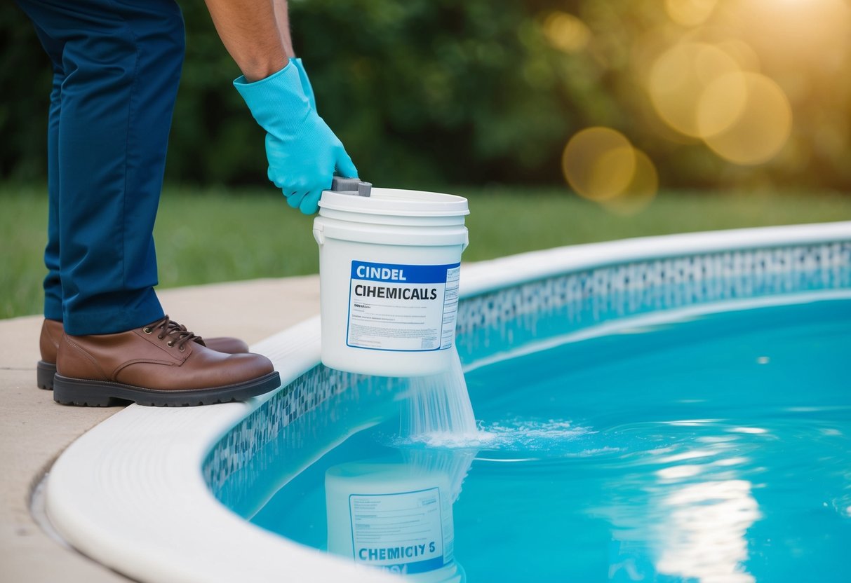 A person adding chemicals to a pool from a labeled container, using protective gloves and following recommended safety guidelines