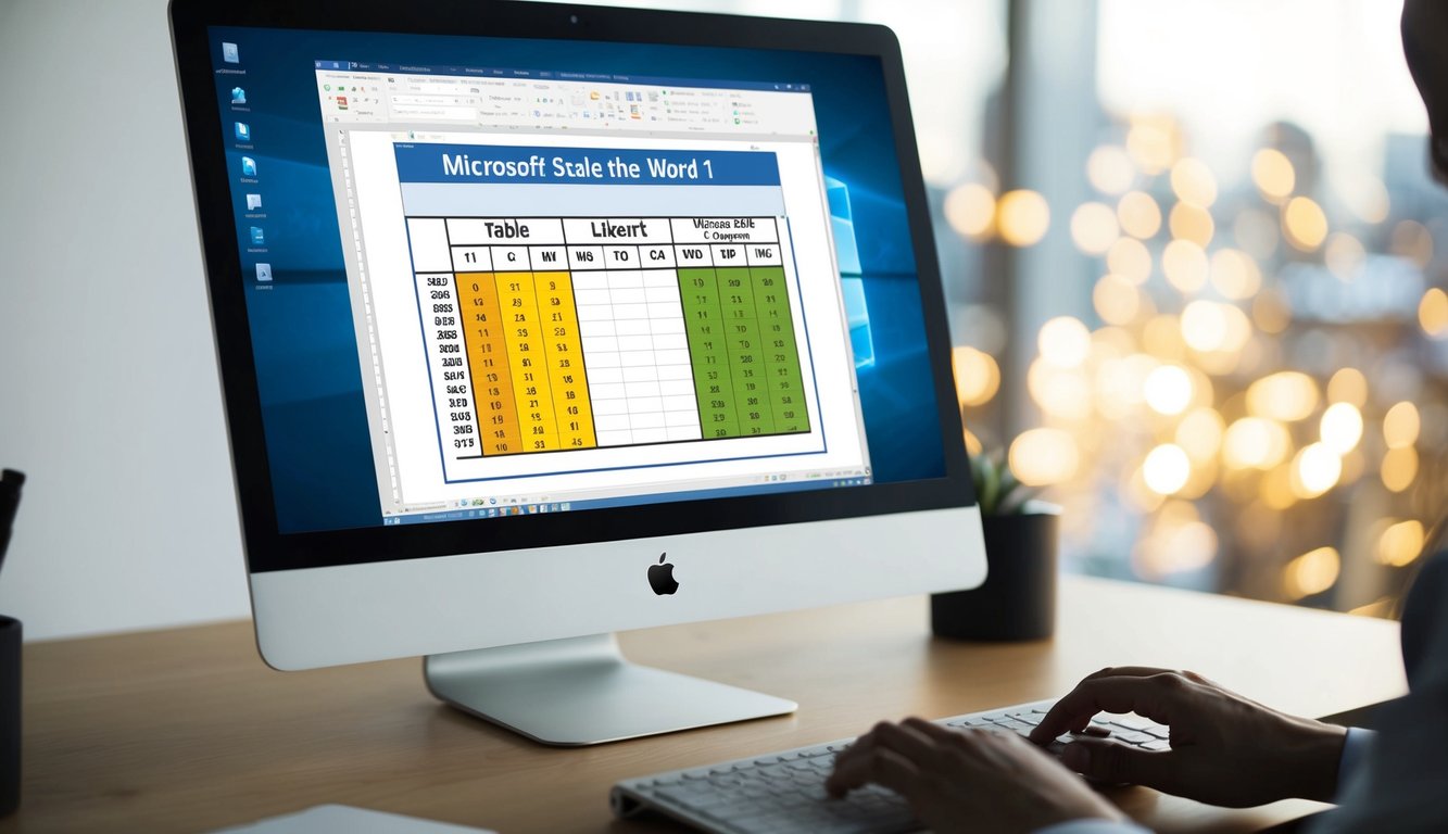 A computer screen displaying Microsoft Word with a Likert scale table being created, a mouse hovering over the table, and a person's hand using the keyboard