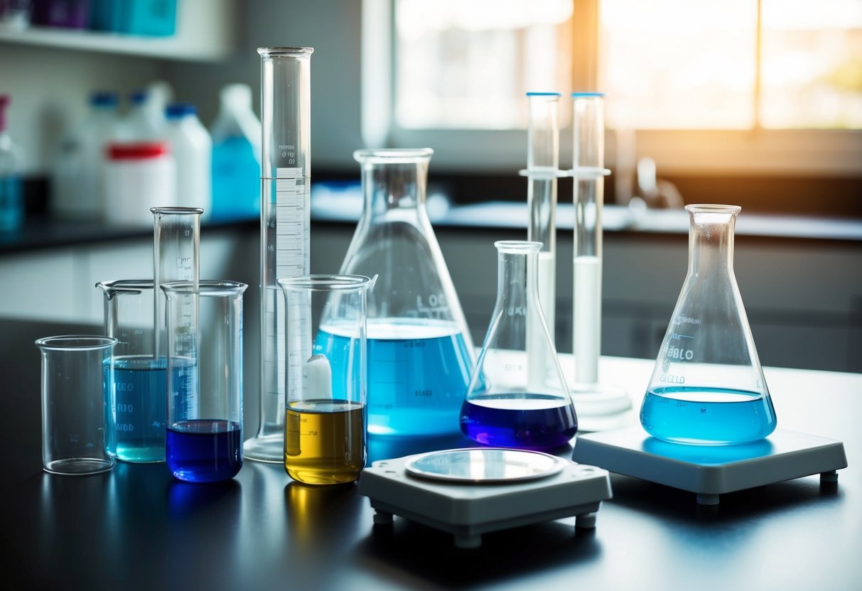 A lab table with beakers, flasks, and test tubes. Some containers are overflowing, while others are empty. A scale sits nearby for balancing