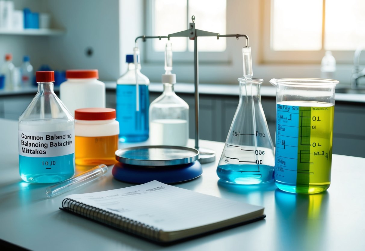 A lab table with various chemical containers, a scale, and a notebook with equations and notes on common balancing mistakes