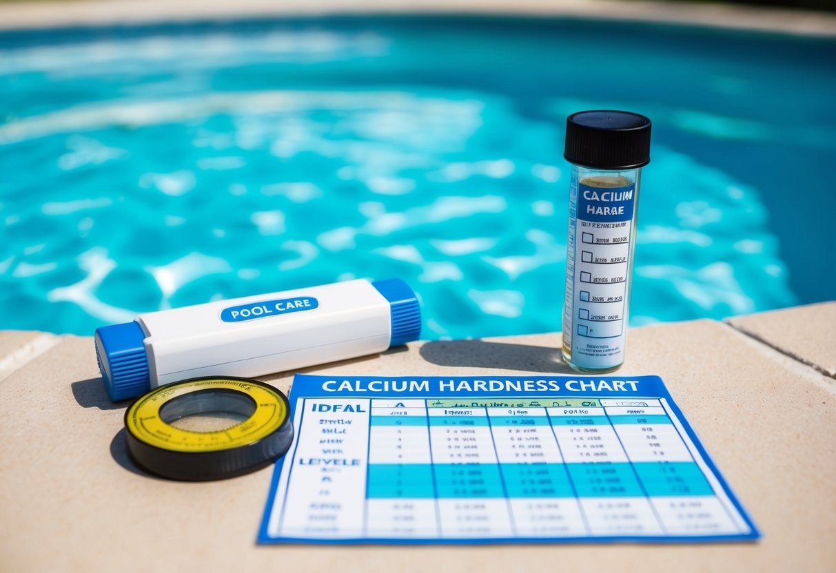 A clear pool with a test kit, a calcium hardness chart, and a water sample. The chart shows ideal levels for pool care