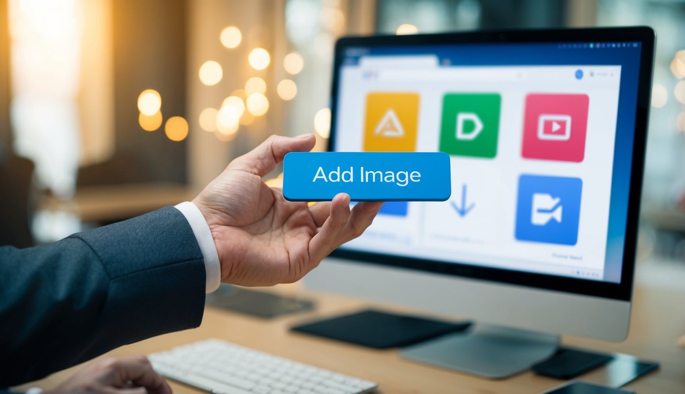 A hand clicks on "Add image" button in Google Forms. It selects the logo file from the computer and uploads it onto the form