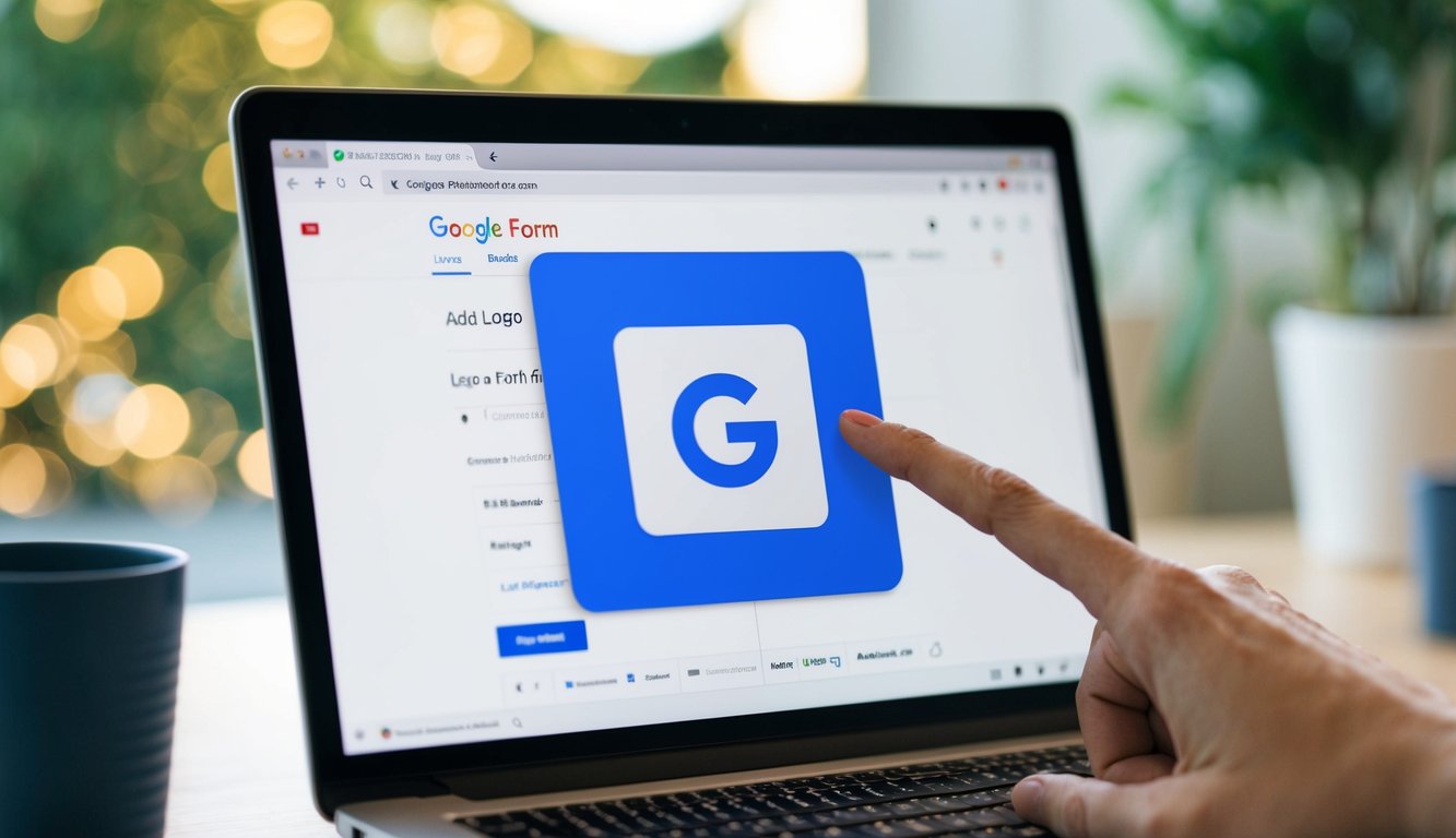 A computer screen with a Google Form open, showing the process of adding a logo to the form. The cursor hovers over the designated logo upload area