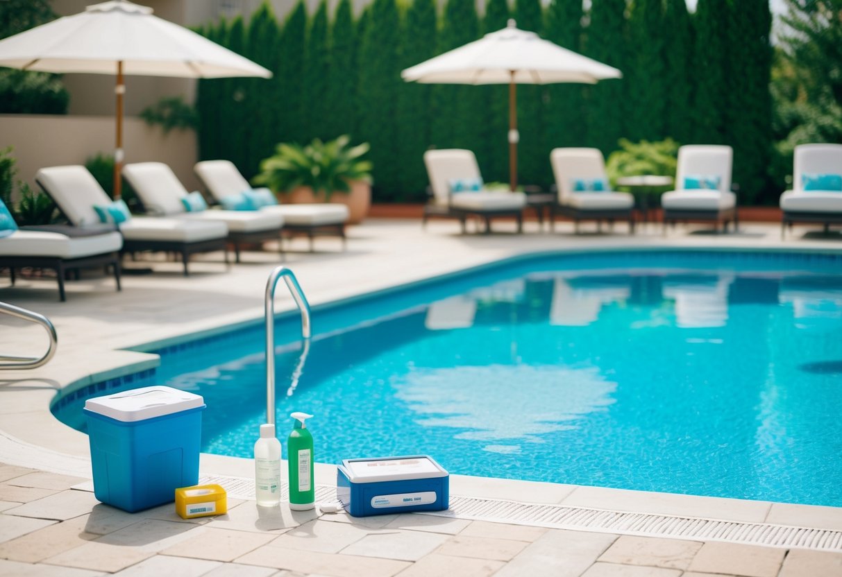 A pool with clear blue water, surrounded by lounge chairs and umbrellas. A testing kit and chlorine dispenser are visible nearby