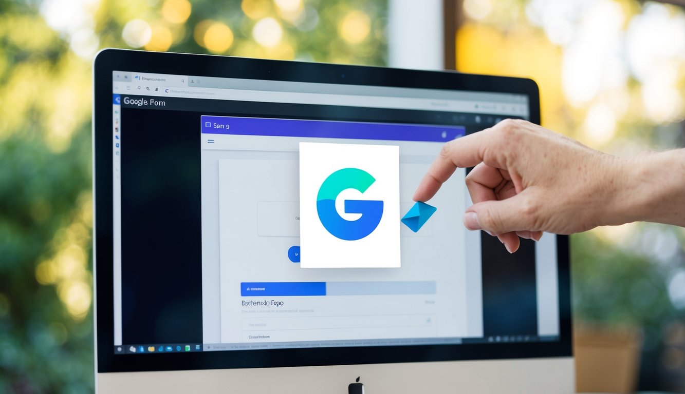 A computer screen shows a Google Form with a blank logo space. A hand drags and drops a customized logo onto the form, adjusting its size and position