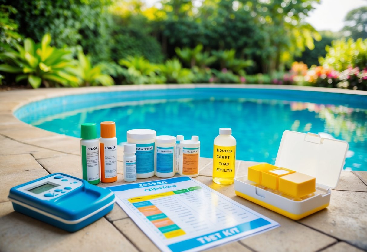 A pool with clear blue water, surrounded by lush greenery. A test kit and various chemical containers are nearby, with a chart showing seasonal adjustments