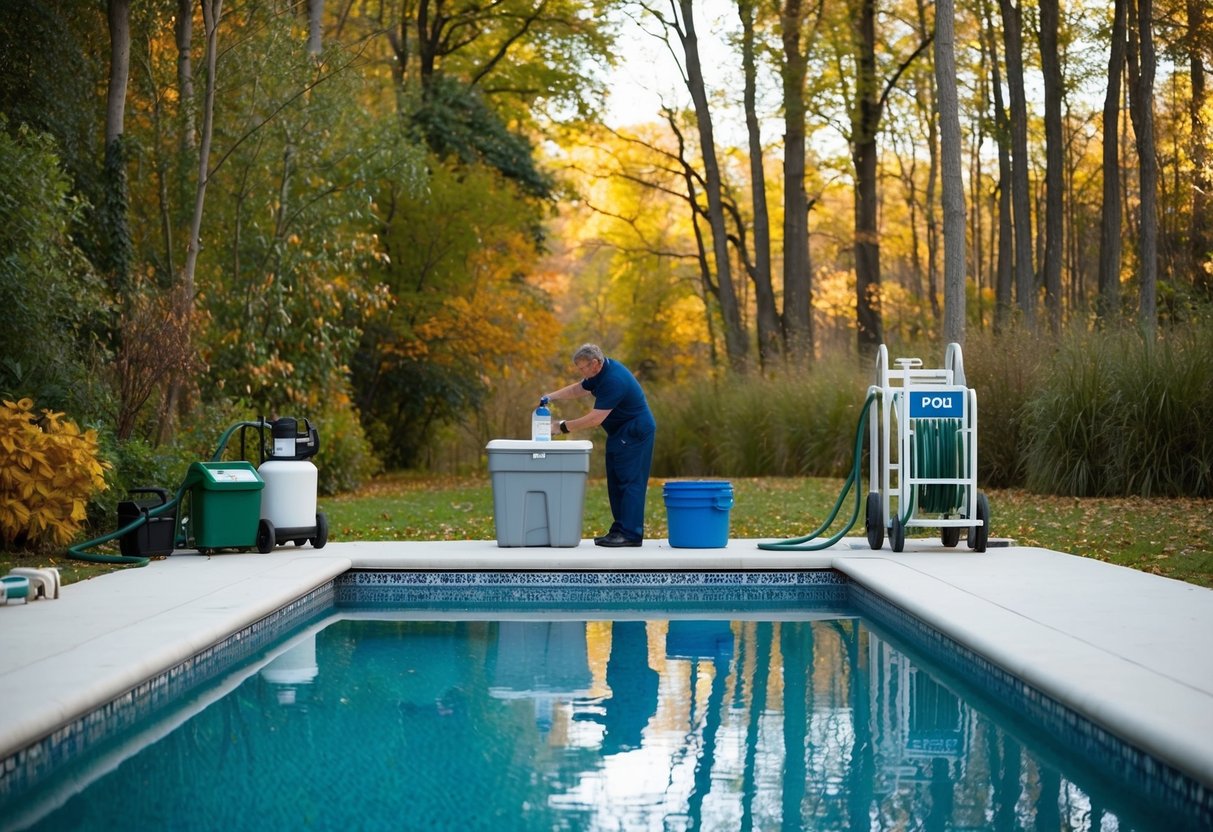 A pool surrounded by changing foliage, with a person adjusting chemical levels, and seasonal maintenance equipment nearby