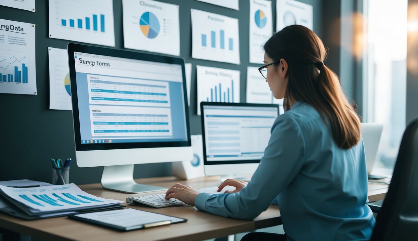 A person sitting at a desk with a computer, surrounded by charts, graphs, and survey forms. They are typing on the keyboard and analyzing data