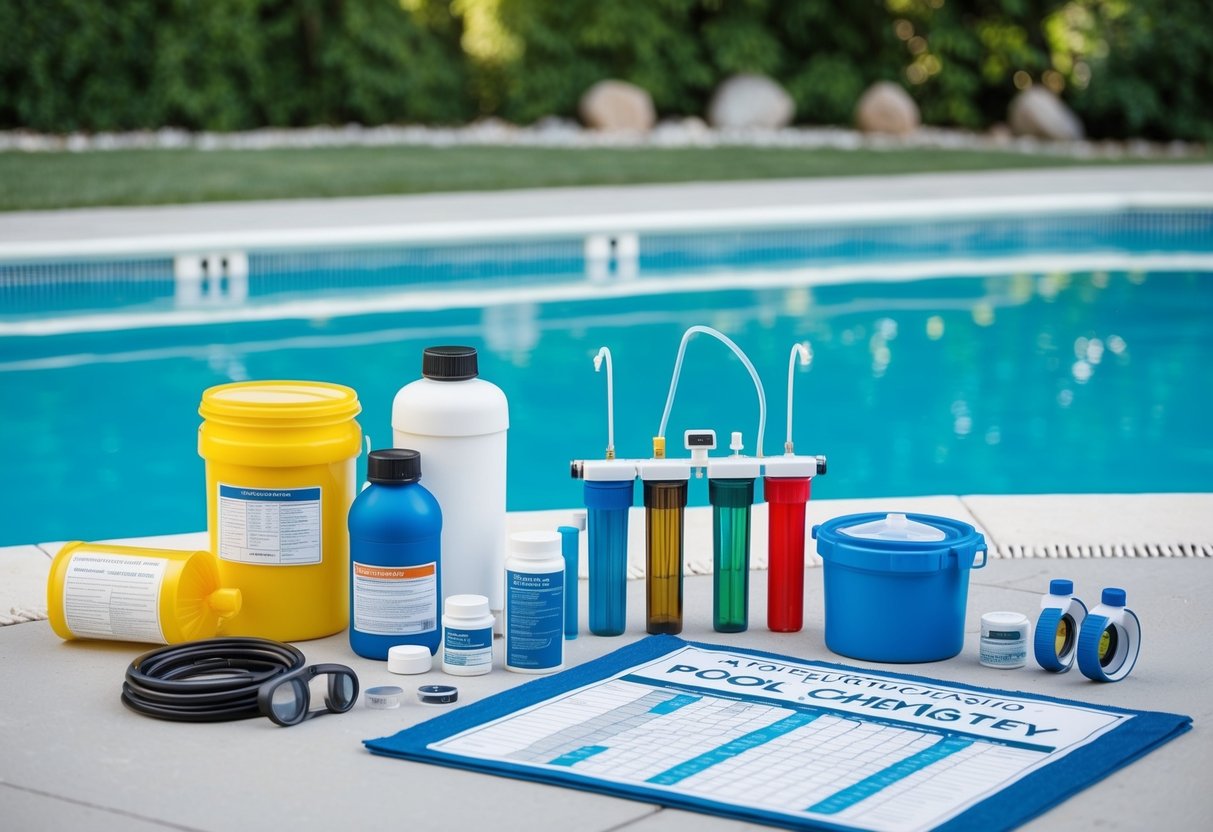 A pool with various chemical containers and testing equipment arranged neatly on the pool deck. A chart or guide to pool chemistry is displayed nearby