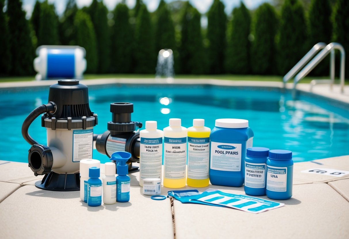 A pool with various equipment such as pumps, filters, and testing kits. Different containers of pool chemicals are displayed, with labels indicating their specific uses