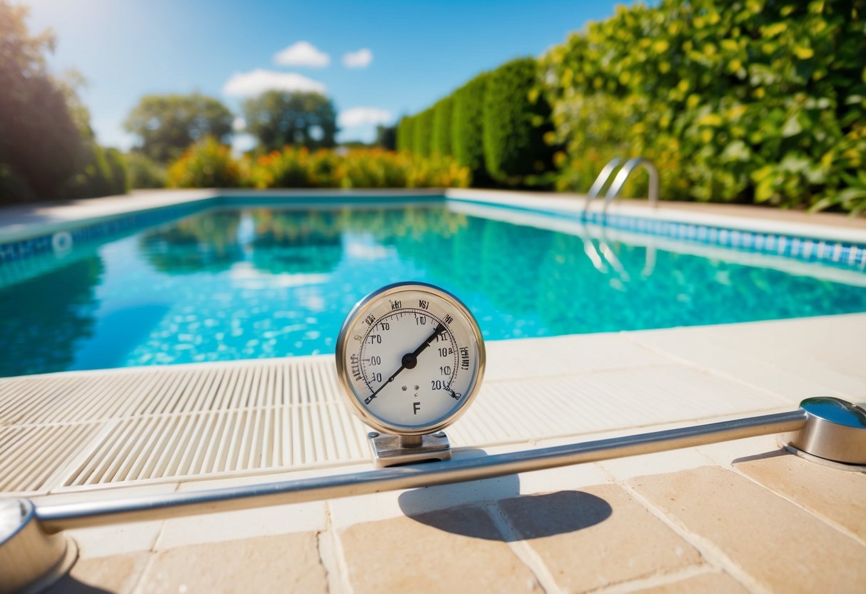 A pool with clear water under a sunny sky, surrounded by greenery and with a temperature gauge nearby