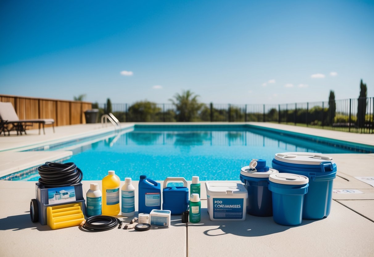 A sunny day with a clear blue sky, a pool with crystal-clear water, and a variety of pool maintenance and treatment supplies neatly organized on the pool deck