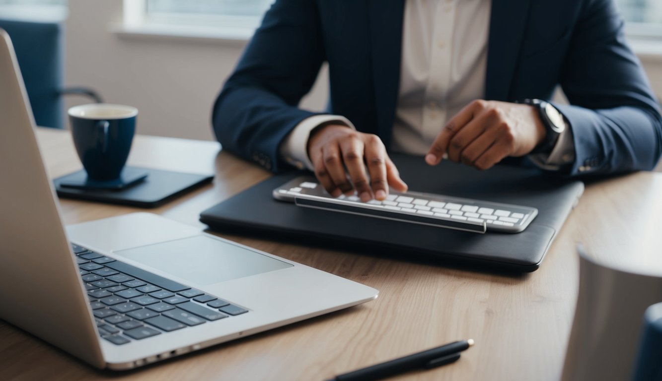 A person sitting at a desk with a laptop open, typing on the keyboard while creating a petition on Google Forms