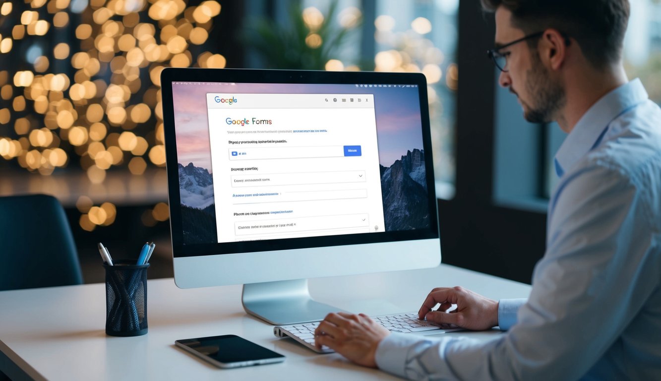 A person sitting at a desk, typing on a computer. The screen shows a Google Forms page with fields for creating a petition