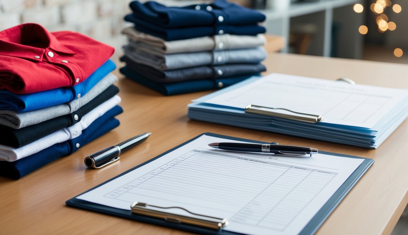 A table with a pen, clipboard, and blank order forms. A stack of folded shirts in various colors and sizes sits nearby