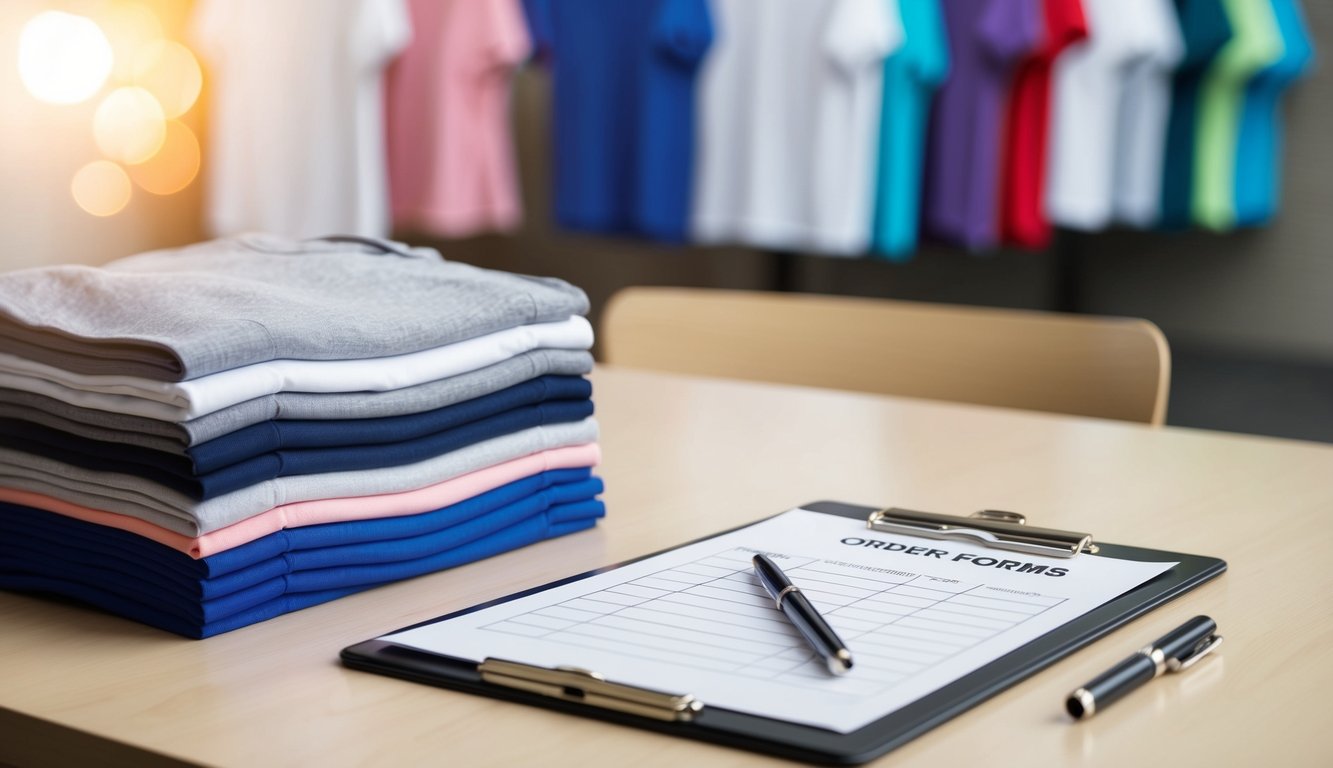 A table with a pen, clipboard, and blank order forms. A stack of t-shirts in various colors and sizes neatly displayed in the background