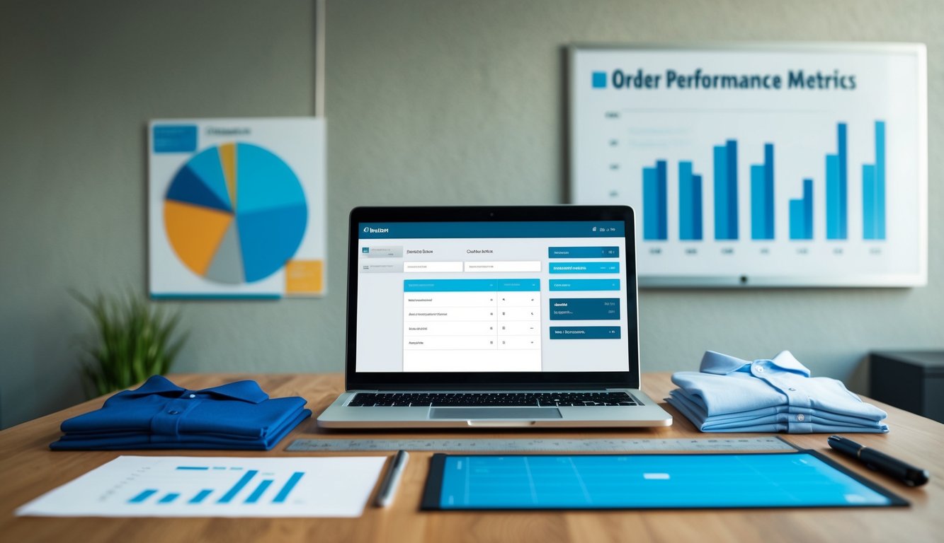 A table with a pen, ruler, and shirt samples. A laptop displaying a digital order form. A chart showing order performance metrics on the wall