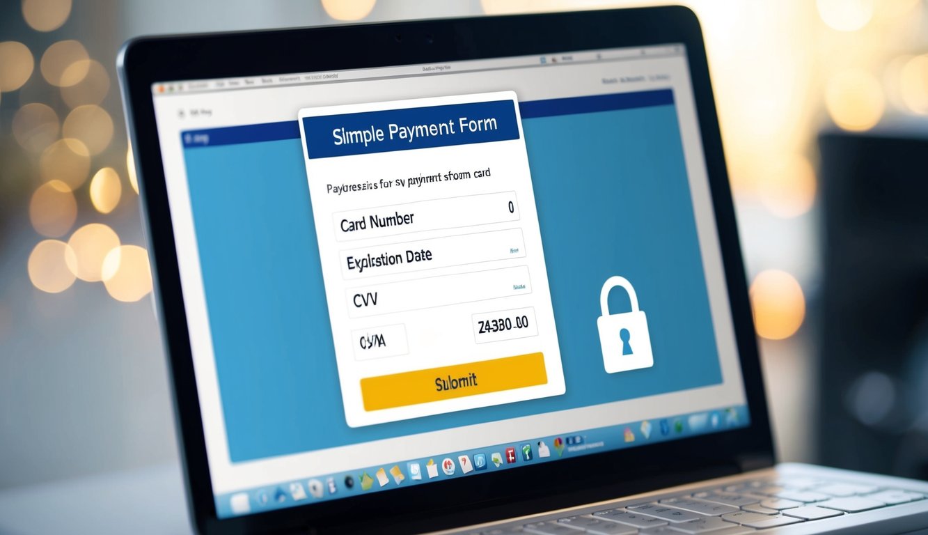 A computer screen displaying a simple payment form with fields for card number, expiration date, CVV, and billing address. The form is accompanied by a submit button and a padlock icon for security