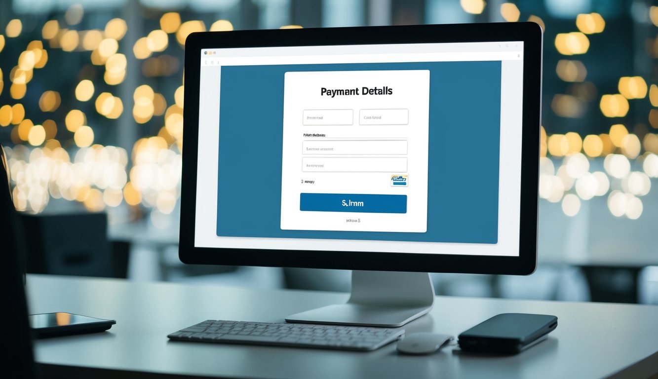 A computer screen displaying a simple and clean payment form with input fields for card details and a submit button