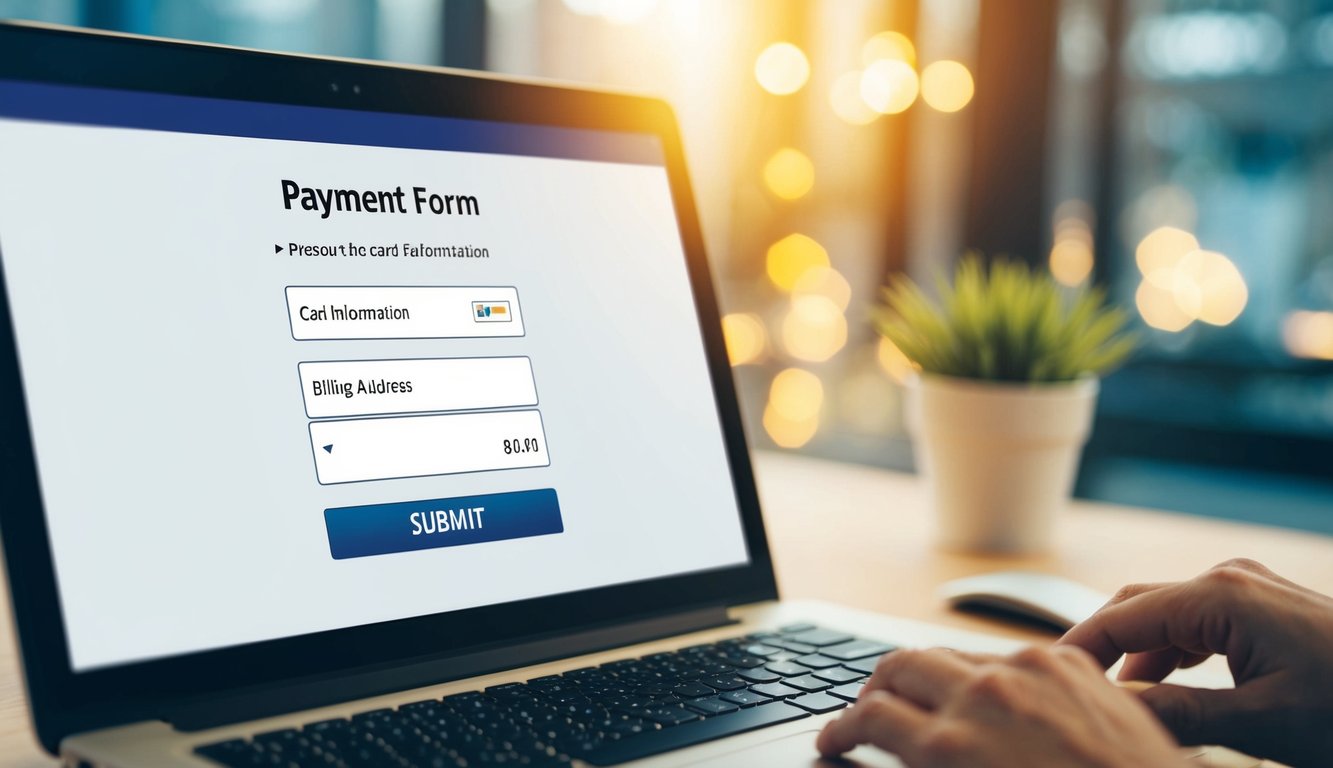 A computer screen with a payment form displayed, including fields for card information, billing address, and a submit button