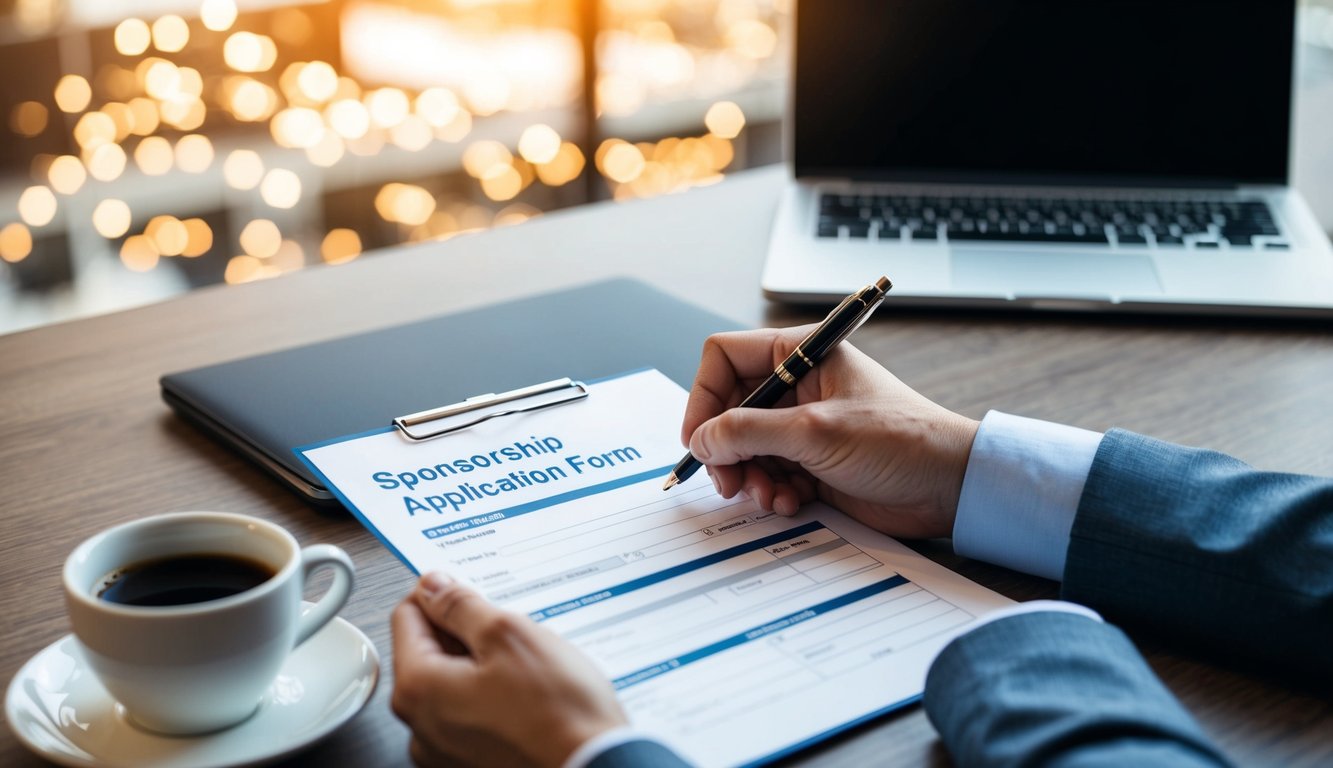 A hand holding a pen fills out a sponsorship application form on a desk with a laptop and a cup of coffee