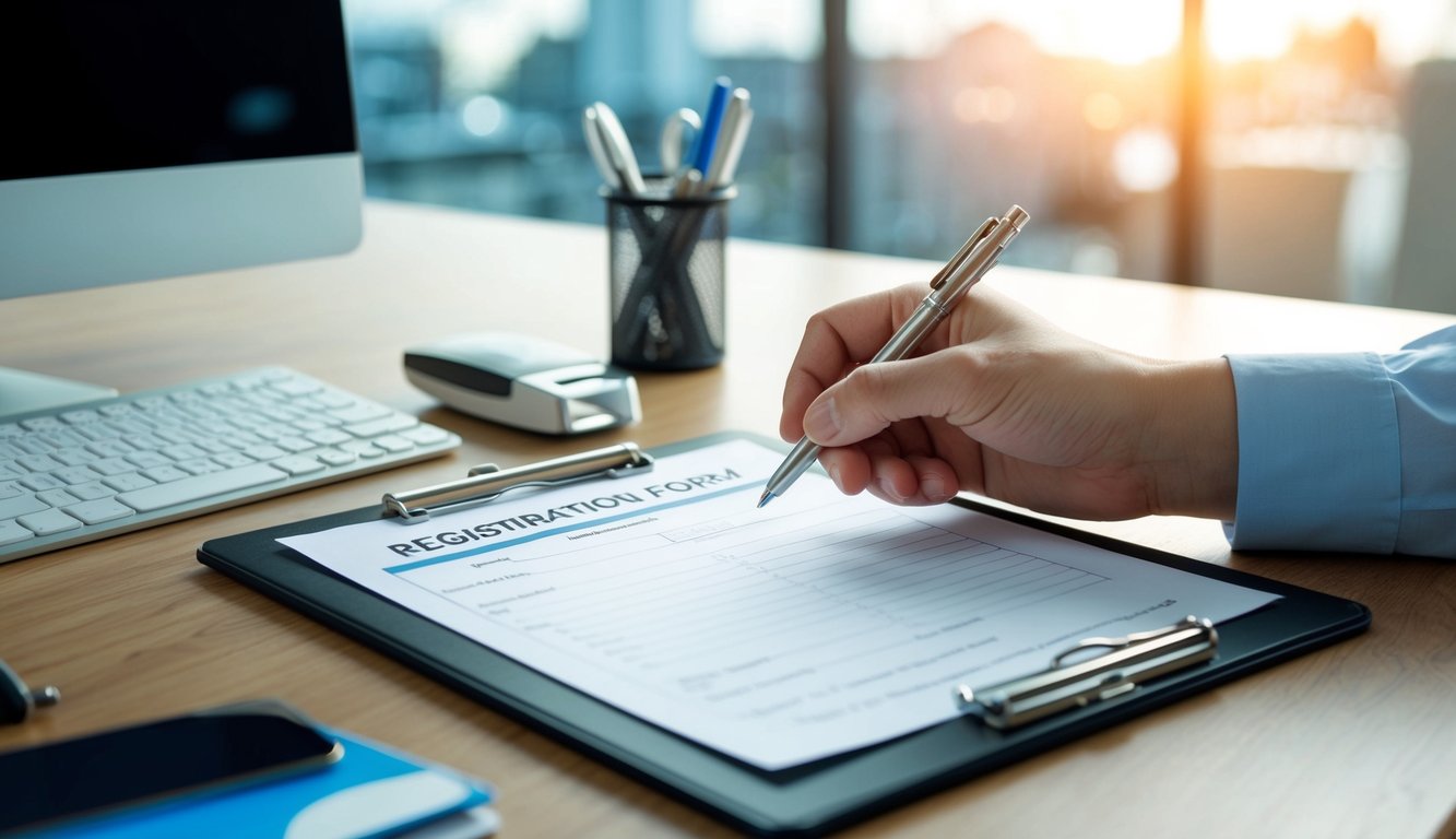 A hand holding a pen fills out a registration form on a clipboard atop a desk with a computer and office supplies nearby