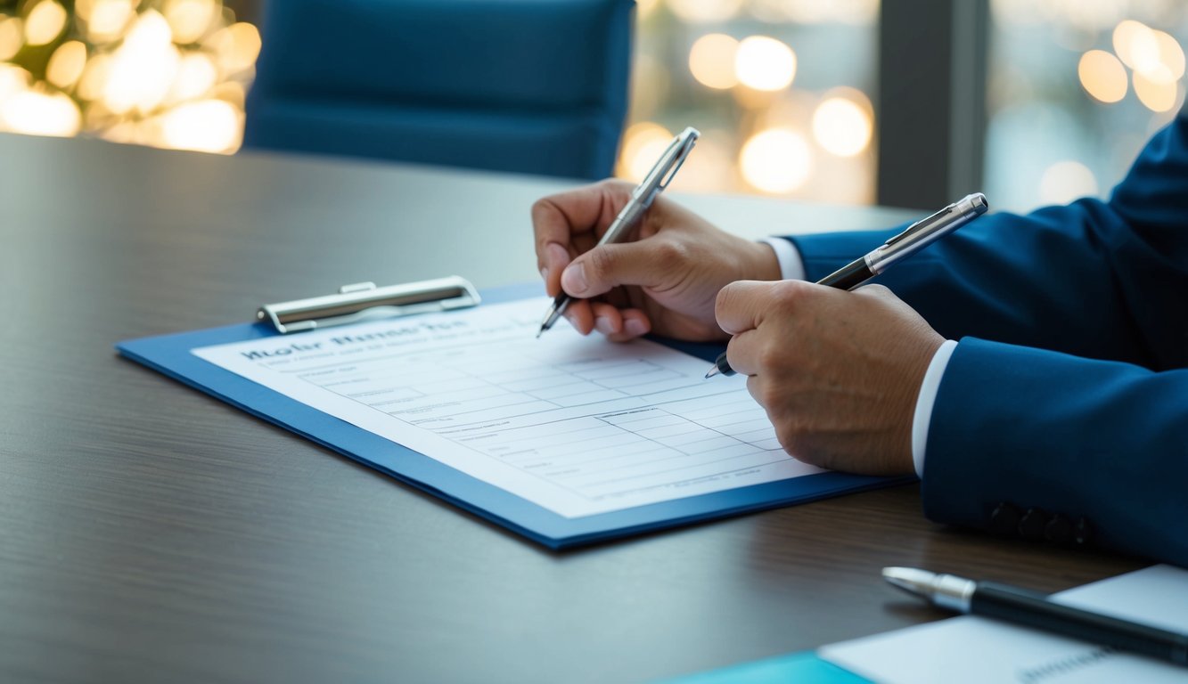 A person sitting at a desk, pen in hand, filling out a registration form with various fields to input personal information