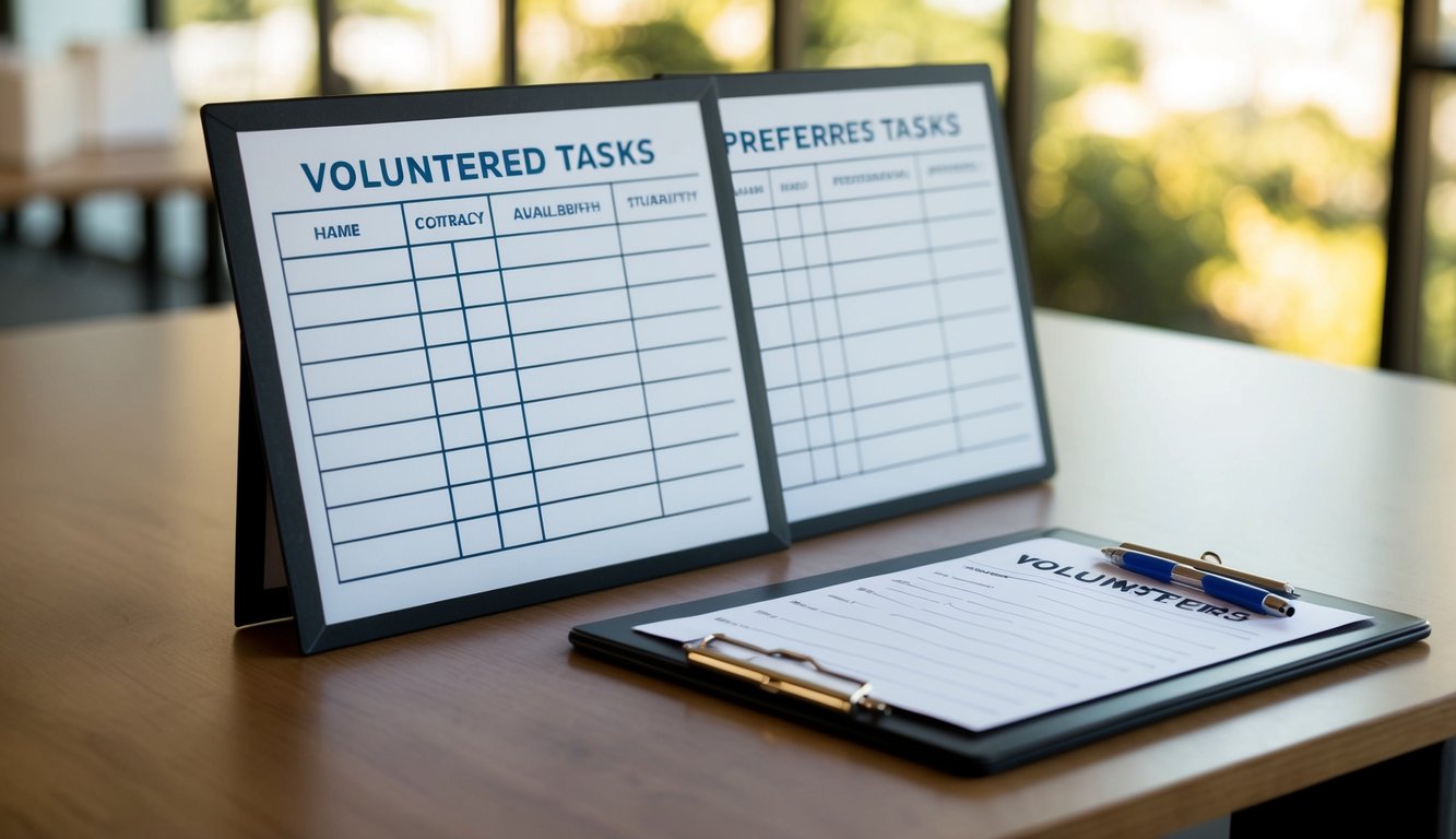 A table with columns for name, contact information, availability, and preferred tasks. A clipboard and pen sit nearby for volunteers to sign up