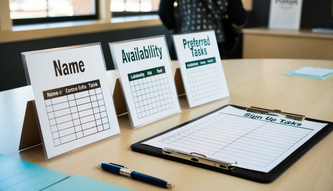 A table with columns for name, contact info, availability, and preferred tasks. A clipboard with blank sign-up sheets and a pen nearby. A welcoming and organized setup