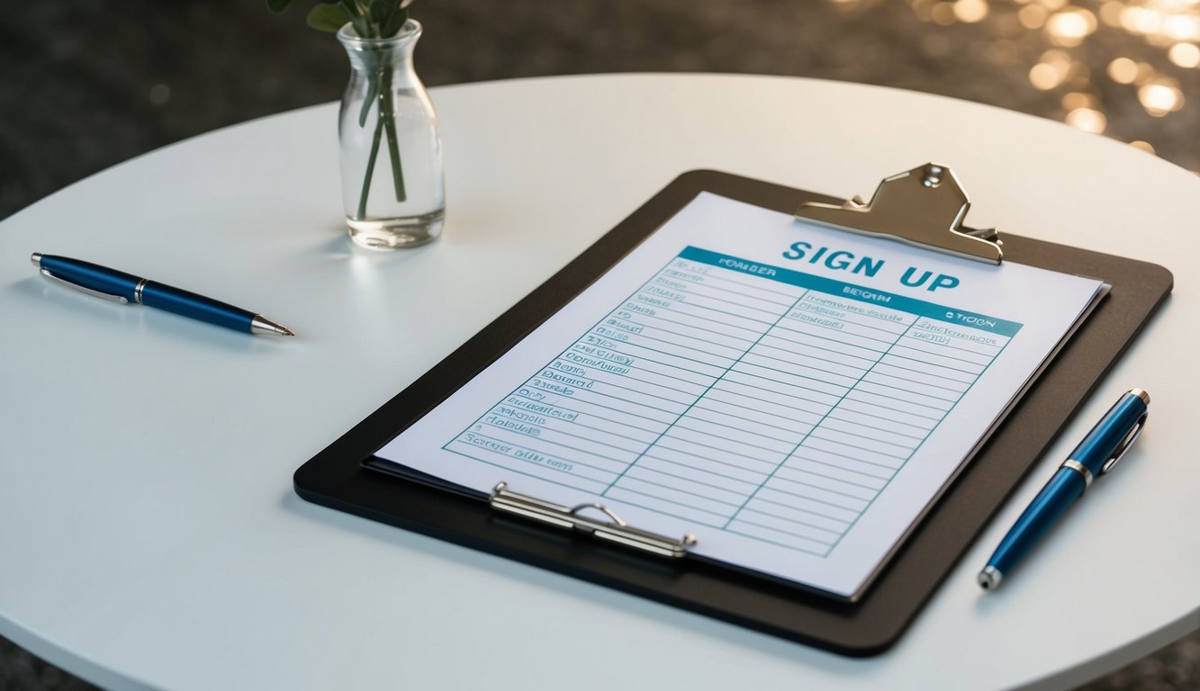 A table with a pen and clipboard, displaying a simple sign-up sheet. An organized layout with clear sections for volunteer names, contact information, and available dates