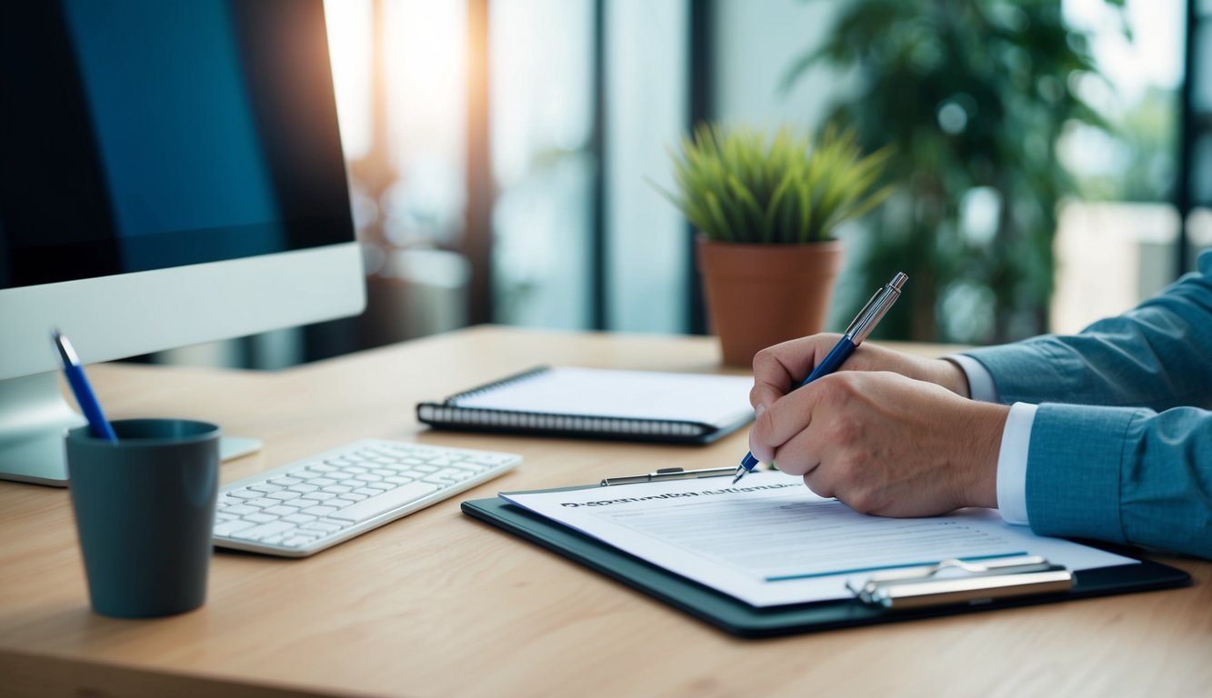 A desk with a computer, pen, and paper. A person filling out a form with a clipboard