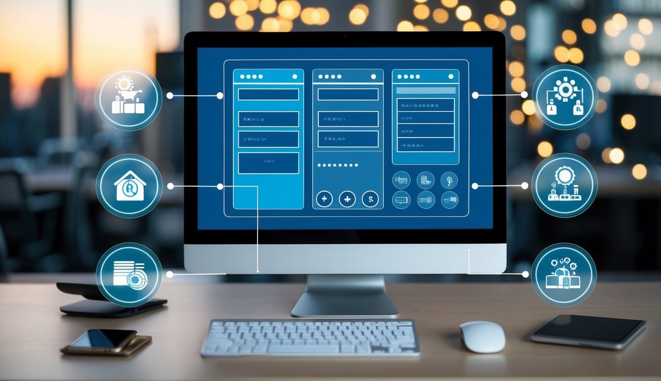 A computer screen displaying a digital form with input fields and buttons, surrounded by icons representing different automation processes