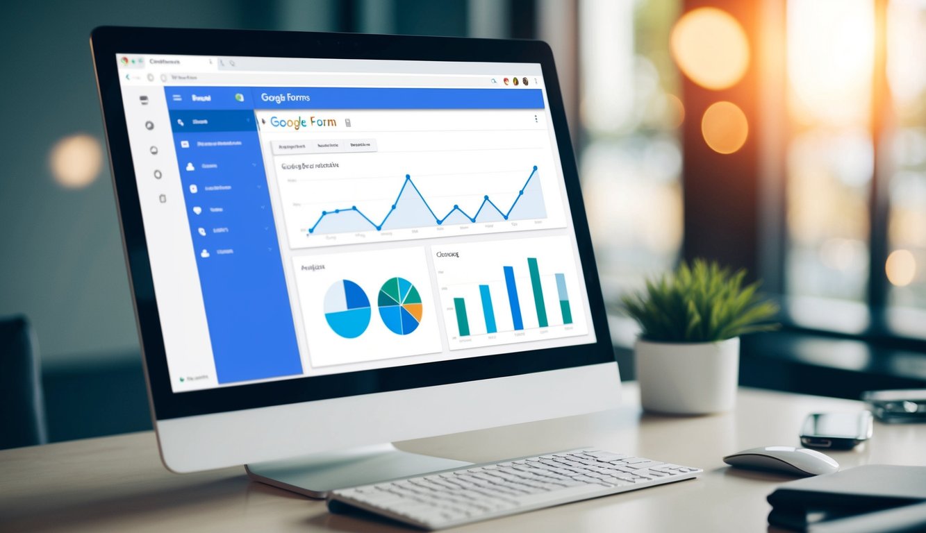 A computer screen displaying Google Forms with a graph and chart of analytics visible on the dashboard