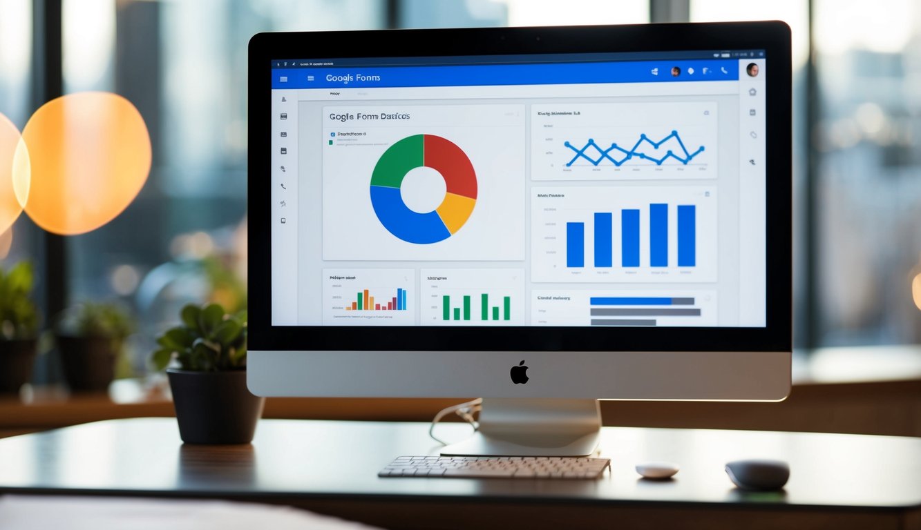 A computer screen displaying Google Forms dashboard with analytics charts and graphs