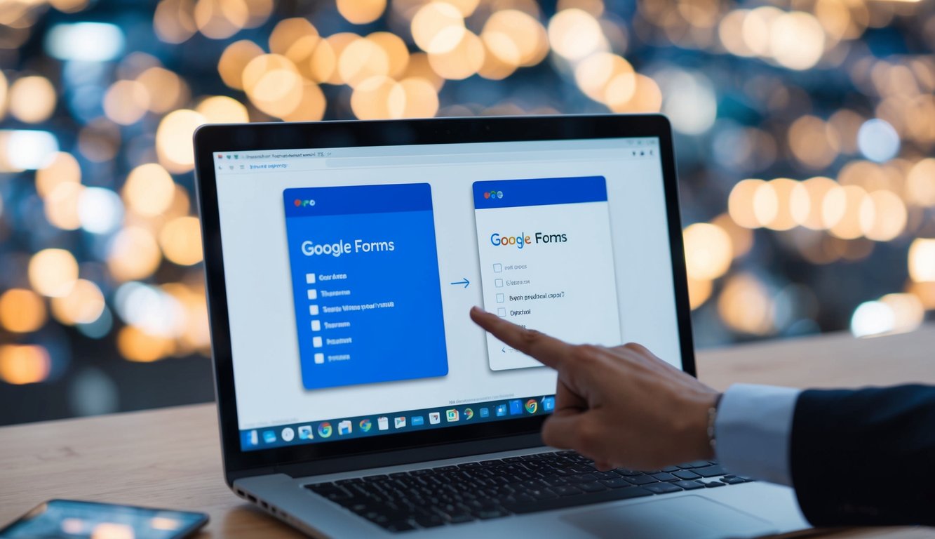 A computer screen showing two Google Forms open side by side. The cursor is dragging and dropping questions from one form to the other