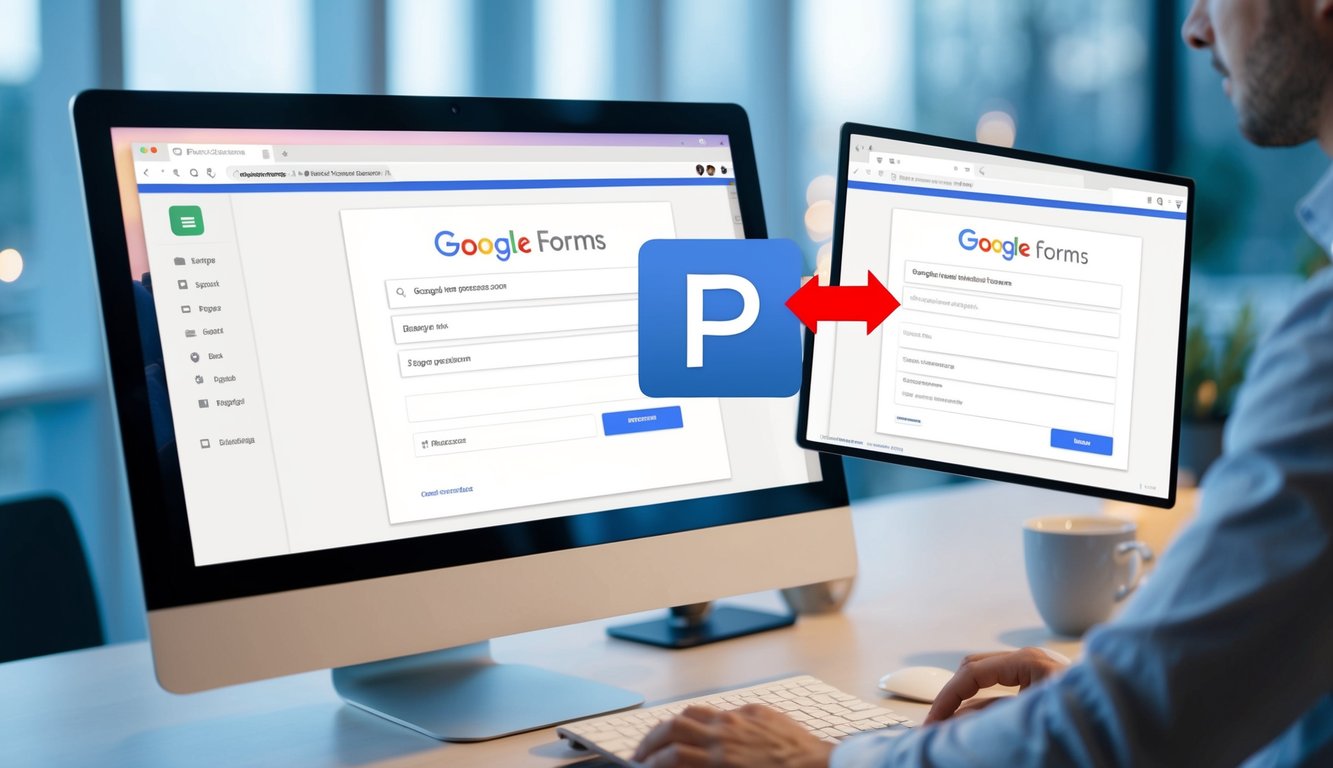 A computer screen showing two Google Forms open, with one form being copied and pasted into the other