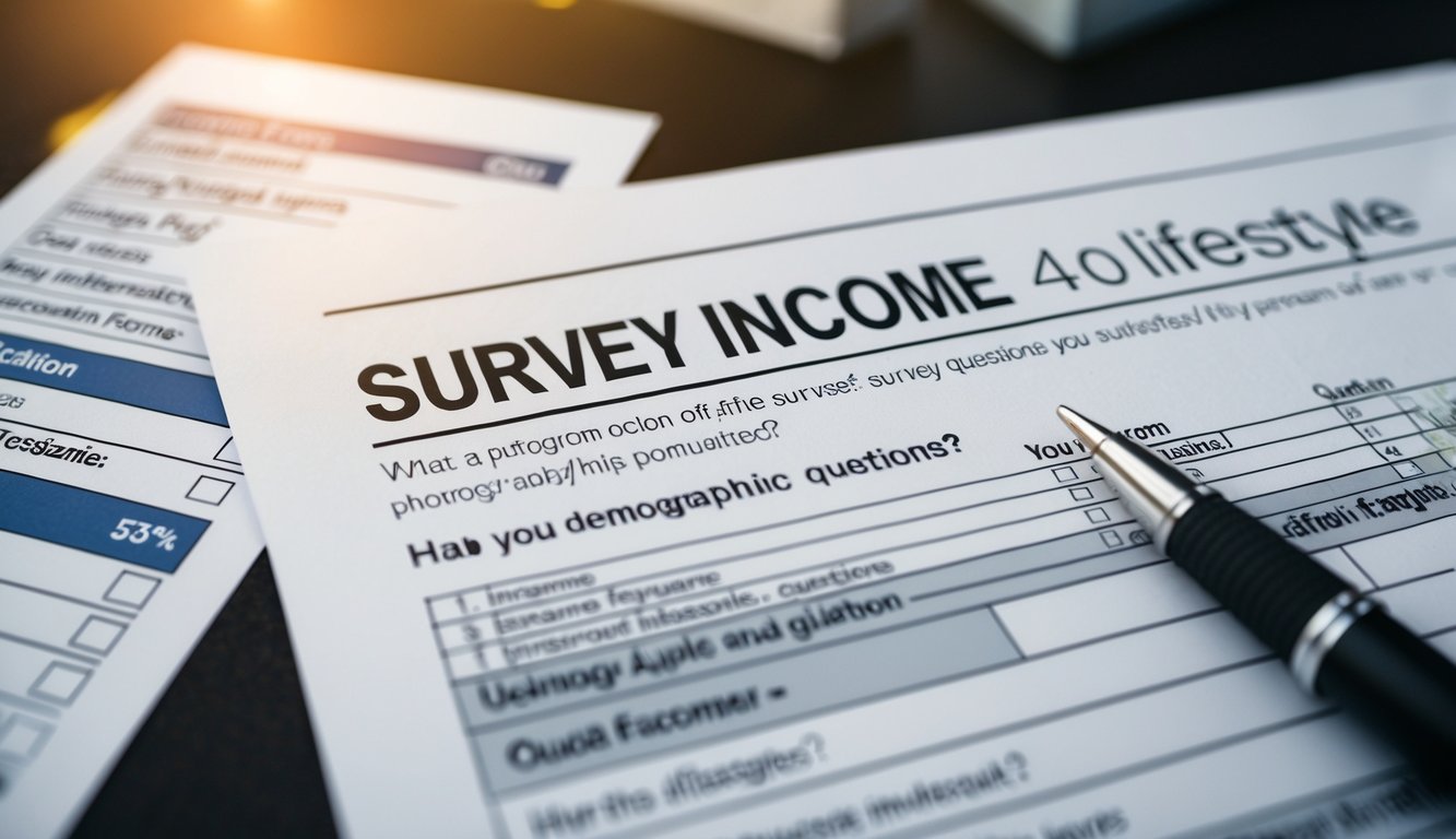 A survey form with a question about income, surrounded by other demographic and lifestyle questions