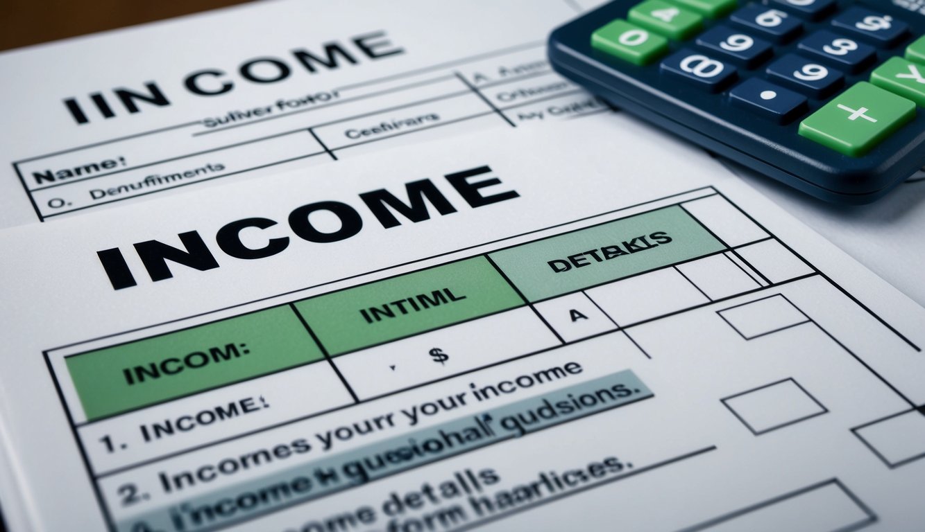 A survey form with various income-related questions, including multiple-choice options and blank spaces for respondents to fill in their income details