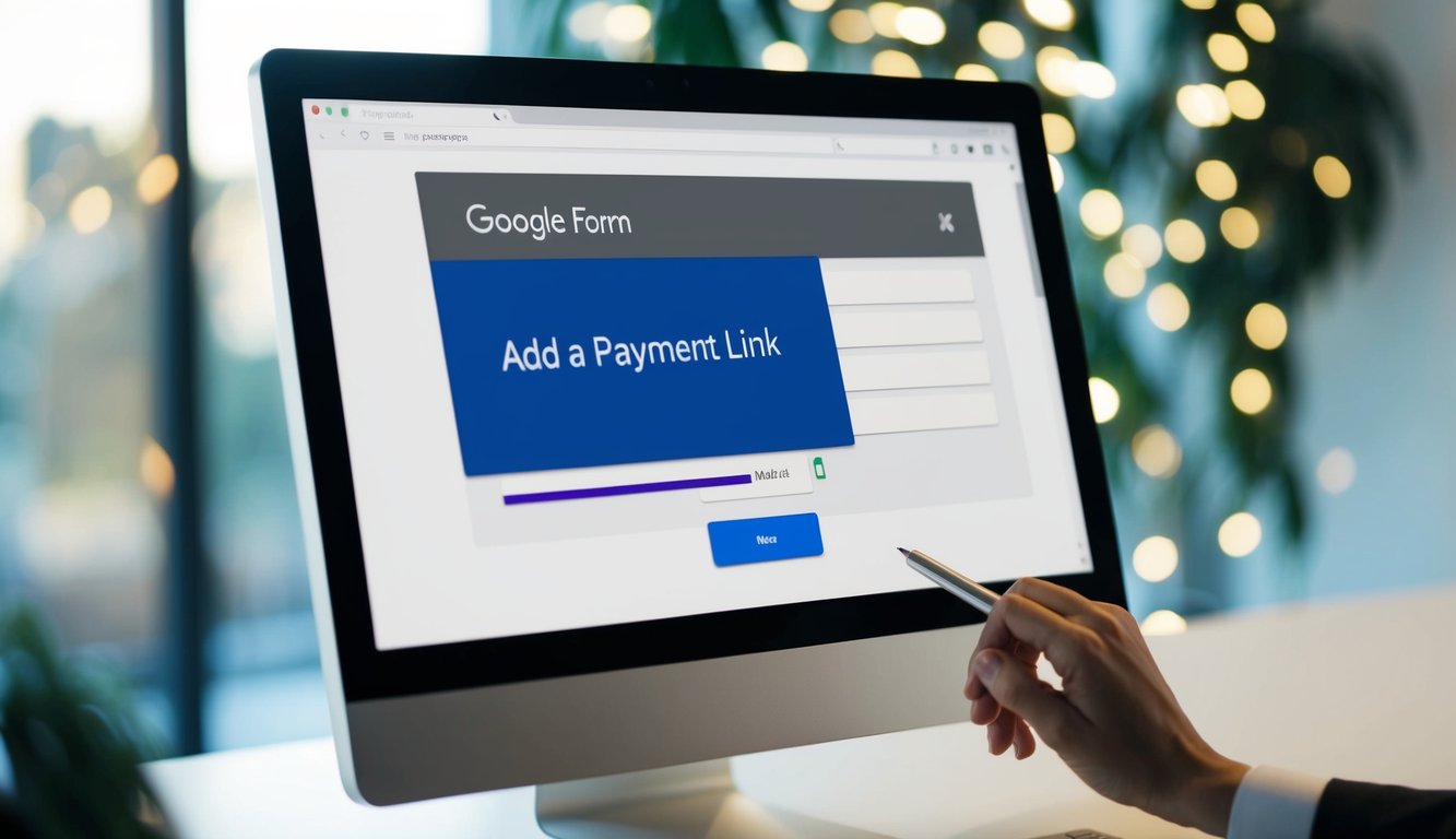 A computer screen displaying a Google Form with a highlighted section for adding a payment link. A cursor hovers over the designated area, ready to input the necessary information