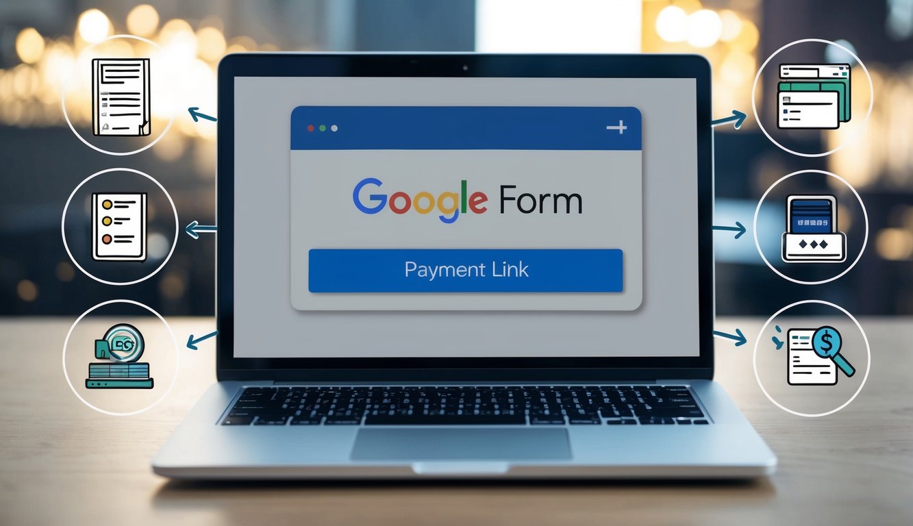 A laptop screen displaying a Google Form with a payment link added, surrounded by icons representing advanced payment features and tips