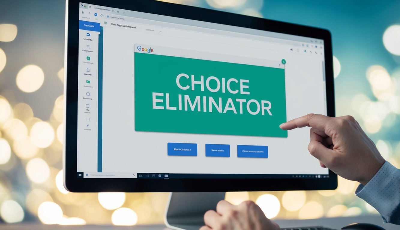 A computer screen with a Google Forms interface open, showing the "Choice Eliminator" feature being used to remove options from a multiple-choice question