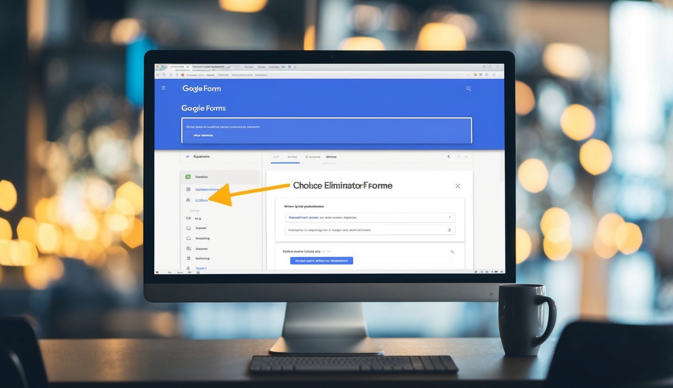 A computer screen displaying a Google Forms interface with the Choice Eliminator feature highlighted and in use. An arrow points to the feature