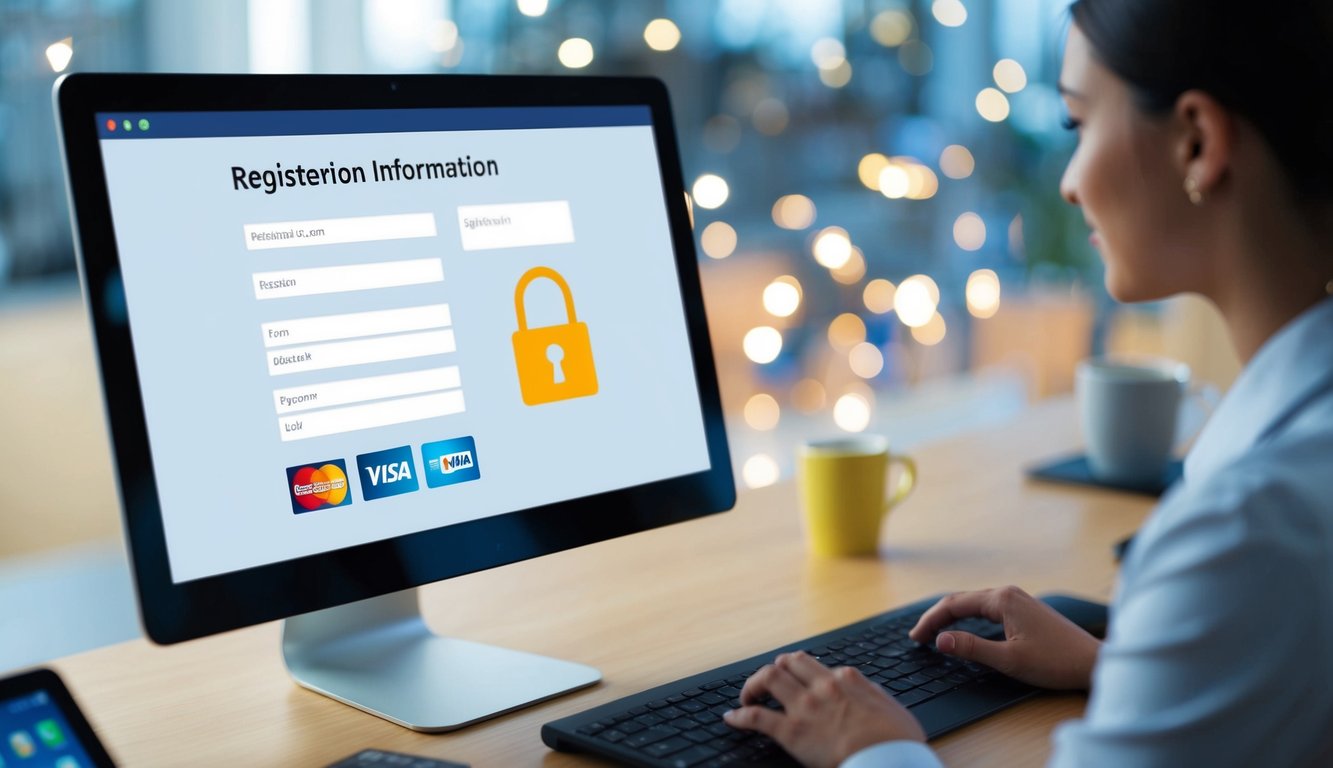 A computer screen displaying a registration form with fields for personal information and payment details. Icons of credit cards and secure lock symbol are visible