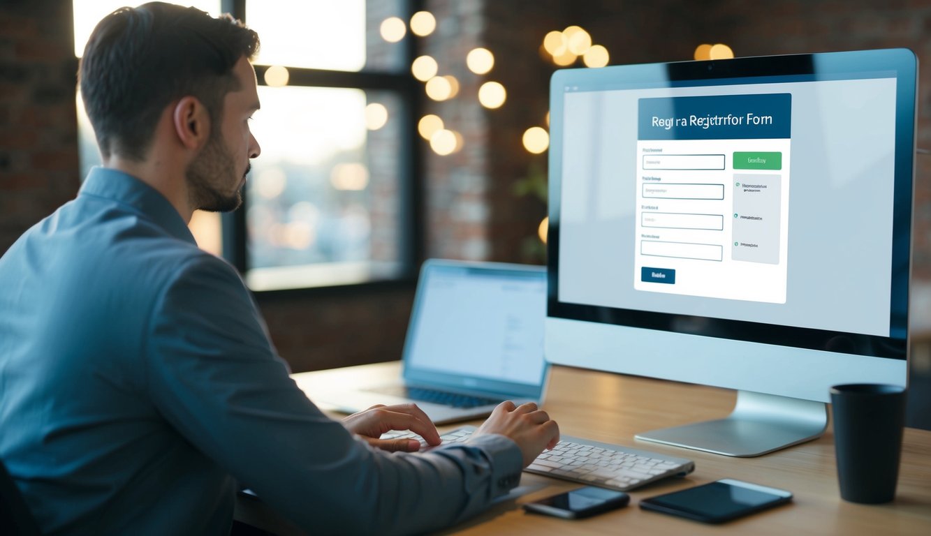 A person sits at a computer, filling out a digital registration form. They enter personal details and payment information, selecting options and clicking buttons