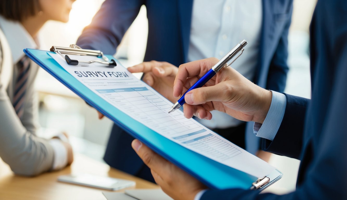 A person holding a clipboard and pen, gesturing towards a survey form. A smile on their face as they encourage someone to participate