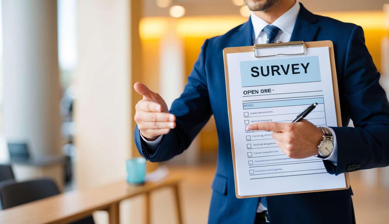 A person holding a clipboard and pen, gesturing towards an open survey with a welcoming expression. The background could include a warm, inviting environment to encourage participation