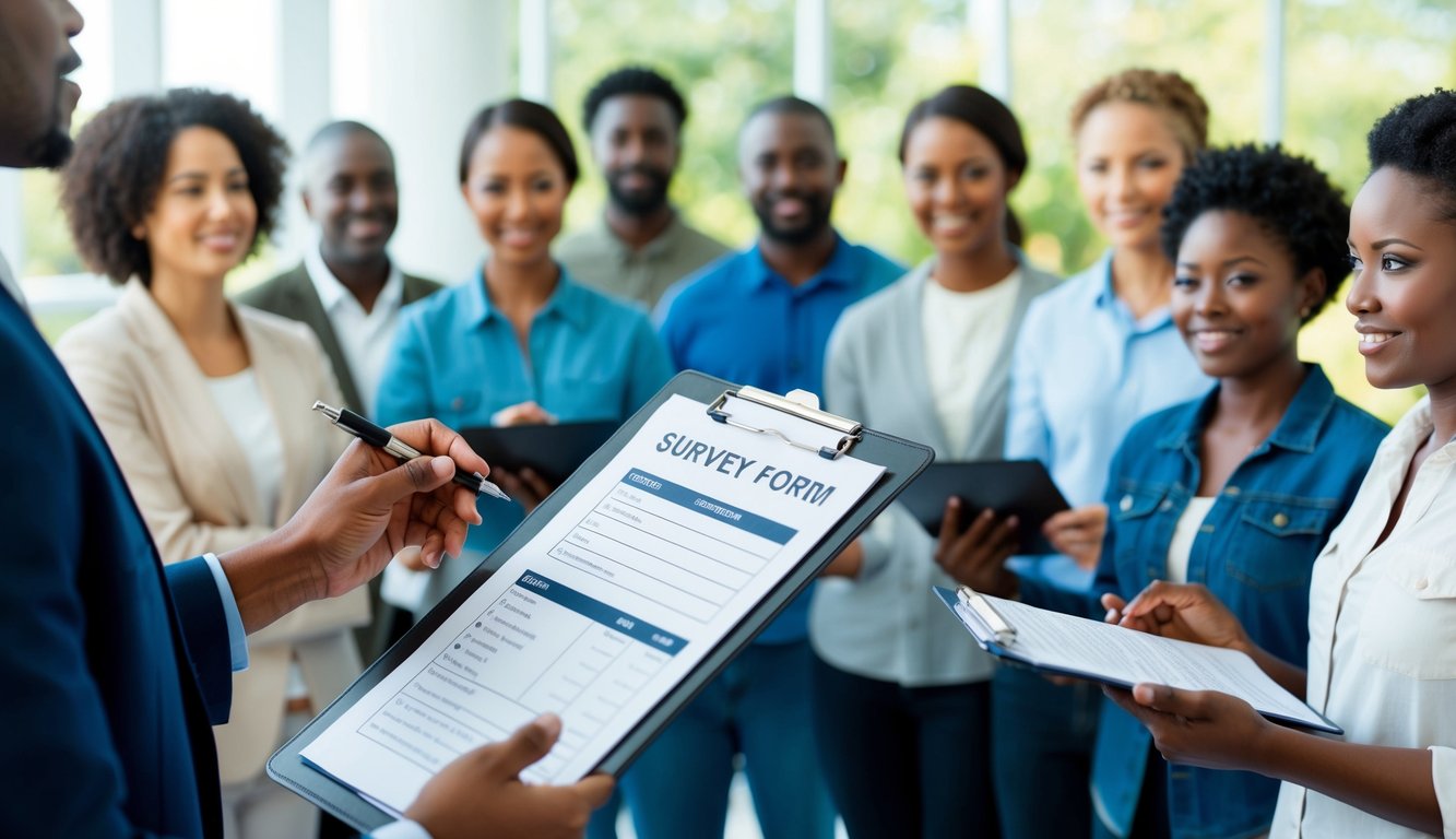 A person holding a clipboard and pen, standing in front of a group of diverse individuals, gesturing towards a survey form. The group appears engaged and interested in participating